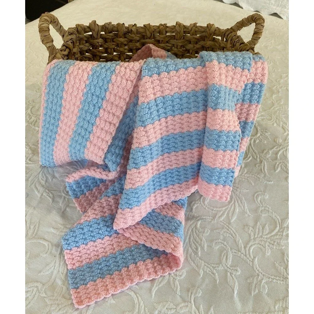 Vintage Handmade Crochet Baby‎ Afghan Pink Blue Stripes Shower Gift Christening